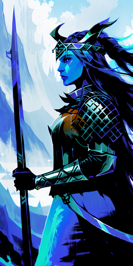 majestic fierce viking woman, blue color, <lora:tarot card 512x1024:0.9>